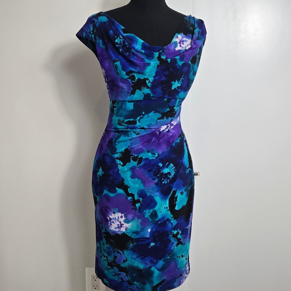Lauren Ralph Lauren Sheath Dress Womens 4P Blue Floral Cowl Neck Ruched (D9)